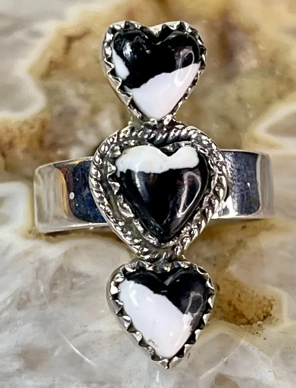 White Buffalo Turquoise Sterling Silver Stacked Hearts Adjustable Ring Southwest